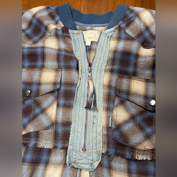 Oli & Hali Womens Brown Blue Cream Plaid Denim Jean Half Zip Oversized Shirt L - Picture 3 of 4